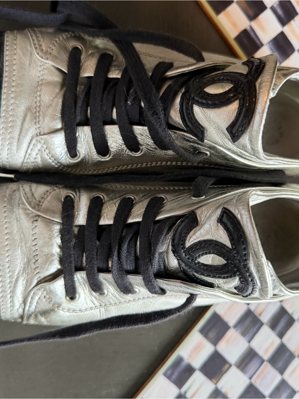CHANEL Metallic Silver Sneakers with Black CC Logo